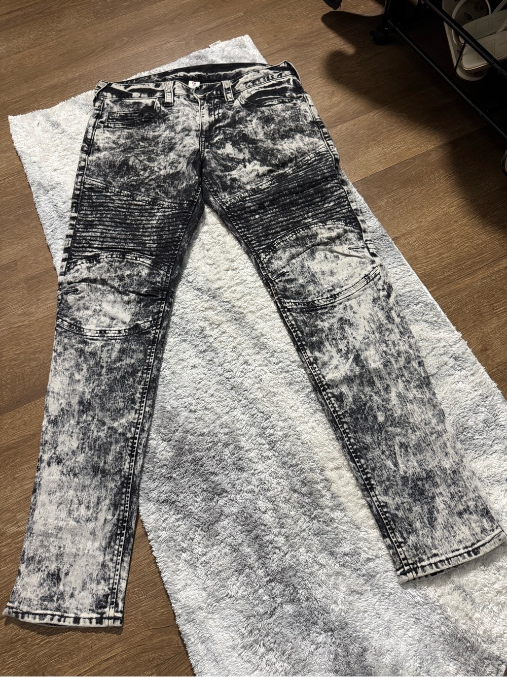 True Religion Black & White Acid Wash Slim Straight Jeans